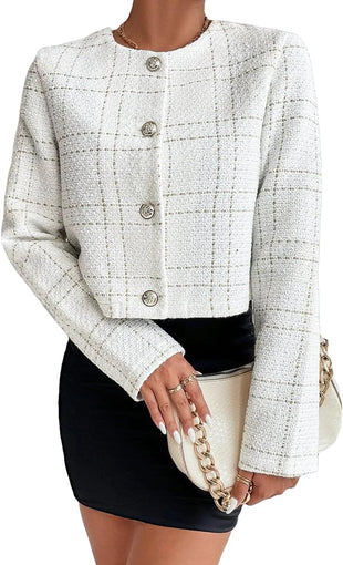 Mina Self 2025 Fall Women's Tweed Blazer Jacket - Collarless Plaid Cropped Open Front Casual Fashion Office Suit with Pockets - 7DAY'S