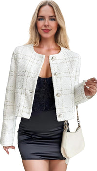 Mina Self 2025 Fall Women's Tweed Blazer Jacket - Collarless Plaid Cropped Open Front Casual Fashion Office Suit with Pockets - 7DAY'S