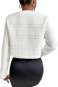 Mina Self 2025 Fall Women's Tweed Blazer Jacket - Collarless Plaid Cropped Open Front Casual Fashion Office Suit with Pockets - 7DAY'S