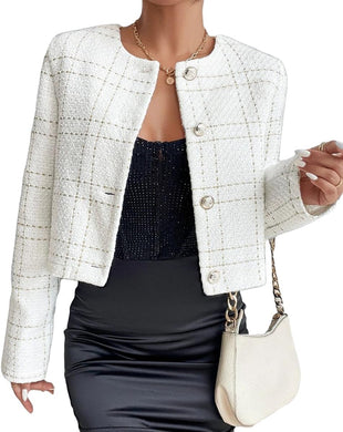 Mina Self 2025 Fall Women's Tweed Blazer Jacket - Collarless Plaid Cropped Open Front Casual Fashion Office Suit with Pockets