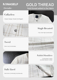 Mina Self 2025 Fall Women's Tweed Blazer Jacket - Collarless Plaid Cropped Open Front Casual Fashion Office Suit with Pockets - 7DAY'S