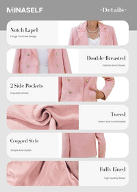 Mina Self 2025 Fall Women's Tweed Blazer Jacket - Fashion Warm Fully Lined Elegant Trendy Casual Cute Coat with Pockets - 7DAY'S