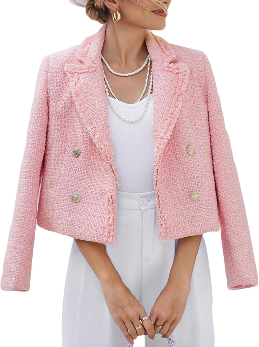 Mina Self 2025 Fall Women's Tweed Blazer Jacket - Fashion Warm Fully Lined Elegant Trendy Casual Cute Coat with Pockets - 7DAY'S
