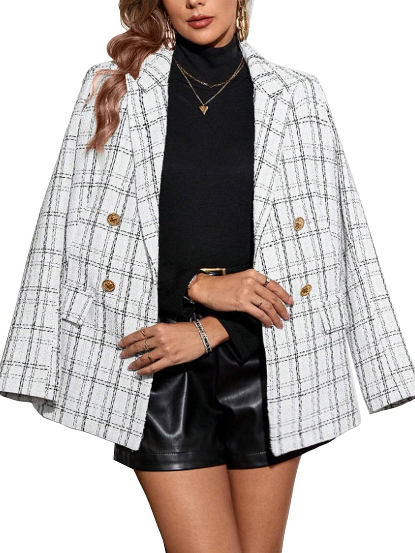 Mina Self 2025 Fall Women's Tweed Blazer Plaid - Fully - Lined Double - Breasted Fashion Slim Casual Office Work Jacket Pockets - 7DAY'S