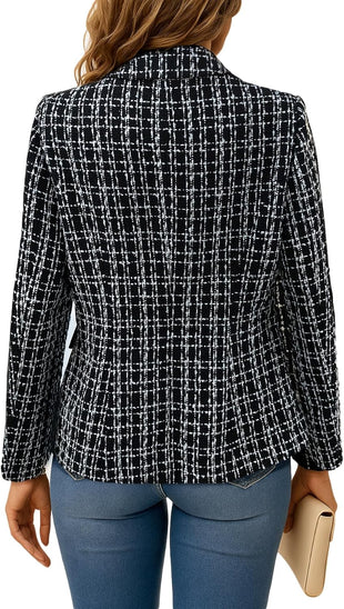 Mina Self 2025 Fall Women's Tweed Plaid Blazer Jacket - Fashion Slim Fully - Lined Double - Breasted Casual Work Coat (Pockets) - 7DAY'S