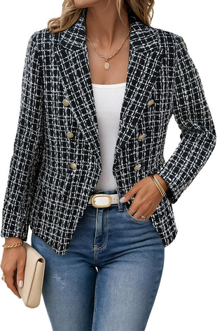 Mina Self 2025 Fall Women's Tweed Plaid Blazer Jacket - Fashion Slim Fully-Lined Double-Breasted Casual Work Coat (Pockets)