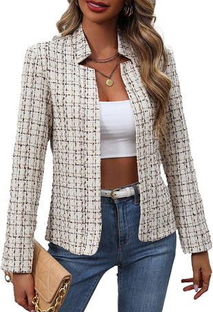 Mina Self 2025 Fall Women's Tweed Plaid Blazer Jacket - Open Front Stand Collar Fully Lined Casual Fashion Elegant Work Coat