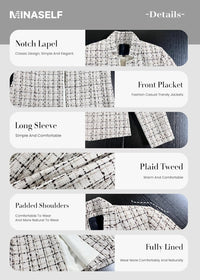 Mina Self 2025 Fall Women's Tweed Plaid Blazer Jacket - Open Front Stand Collar Fully Lined Casual Fashion Elegant Work Coat - 7DAY'S