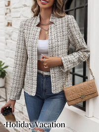 Mina Self 2025 Fall Women's Tweed Plaid Blazer Jacket - Open Front Stand Collar Fully Lined Casual Fashion Elegant Work Coat - 7DAY'S
