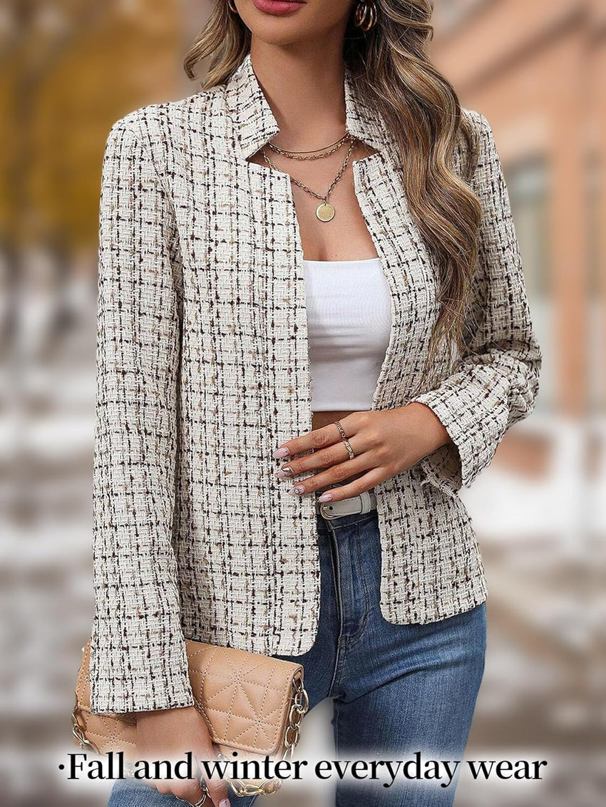 Mina Self 2025 Fall Women's Tweed Plaid Blazer Jacket - Open Front Stand Collar Fully Lined Casual Fashion Elegant Work Coat - 7DAY'S