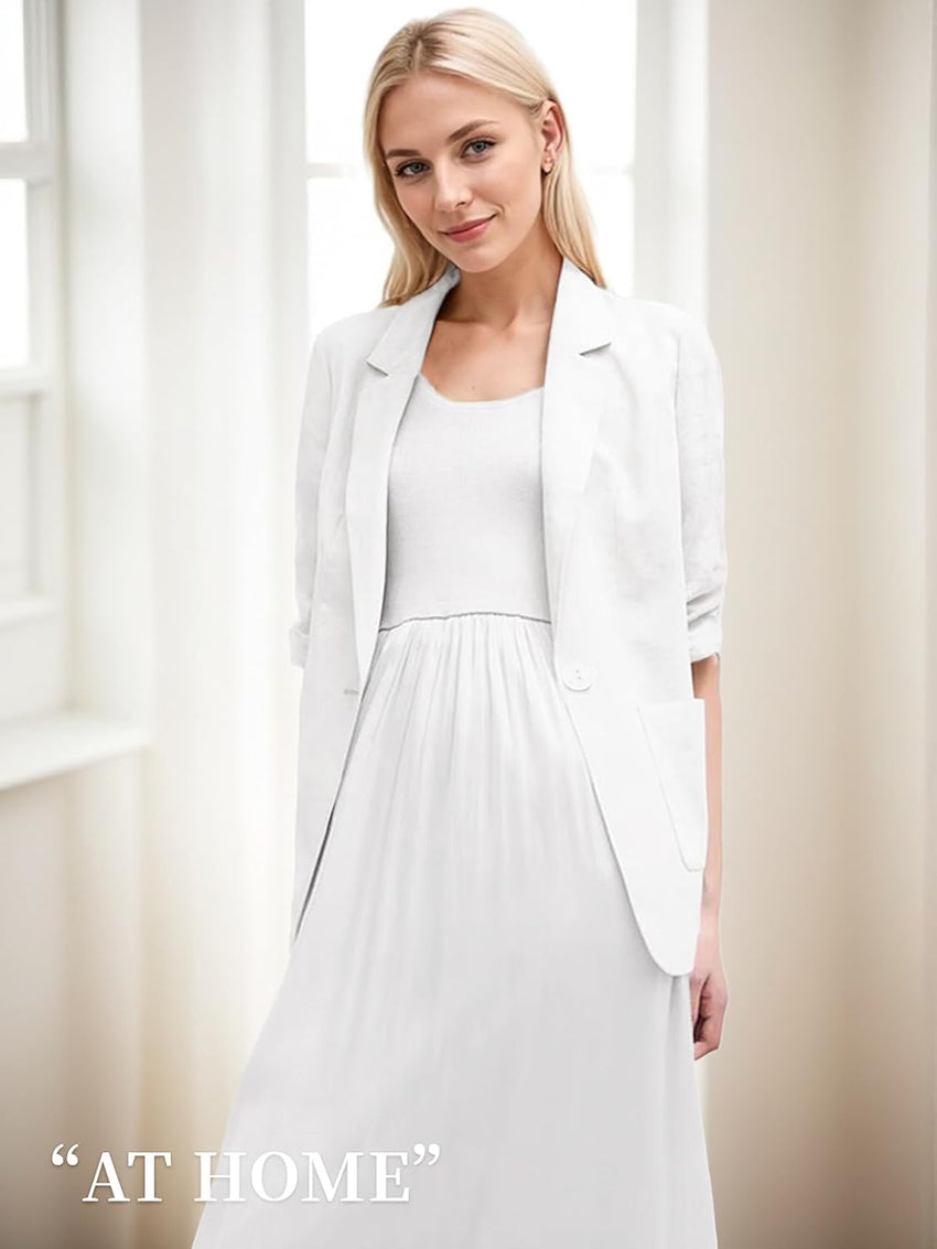 Mina Self 2025 Summer Linen Blazer Women Lightweight 3/4 Stretchy Ruched Sleeve Fully - Lined Casual Work Jacket with Pockets - 7DAY'S