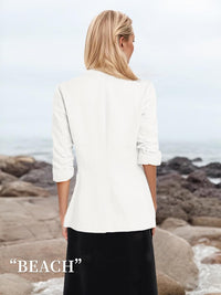 Mina Self 2025 Summer Linen Blazer Women Lightweight 3/4 Stretchy Ruched Sleeve Fully - Lined Casual Work Jacket with Pockets - 7DAY'S