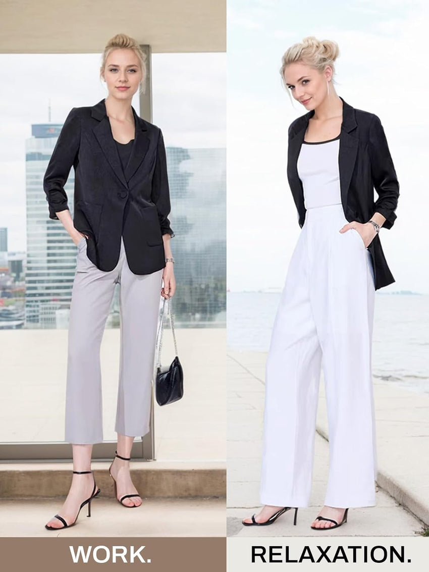 Mina Self 2025 Summer Linen Blazer Women Lightweight 3/4 Stretchy Ruched Sleeve Fully - Lined Casual Work Jacket with Pockets - 7DAY'S