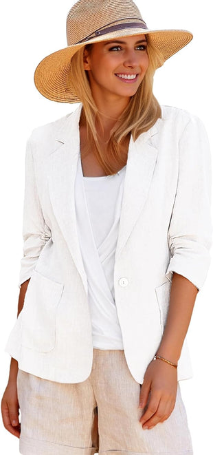 Mina Self 2025 Summer Linen Blazer Women Lightweight 3/4 Stretchy Ruched Sleeve Fully-Lined Casual Work Jacket with Pockets