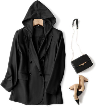 Mina Self 2025 Women's Fall Hooded Blazer Jacket - Double - Breasted Oversize Loose Fully - Lined Work Office Suit with Pockets - 7DAY'S