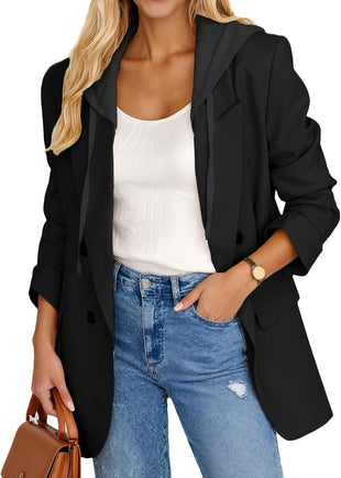 Mina Self 2025 Women's Fall Hooded Blazer Jacket - Double-Breasted Oversize Loose Fully-Lined Work Office Suit with Pockets