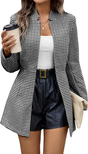 Mina Self 2025 Women’s Spring Long Plaid Blazer Jacket Houndstooth Notch-Collar Open Front Fashion Casual Suit with Pockets