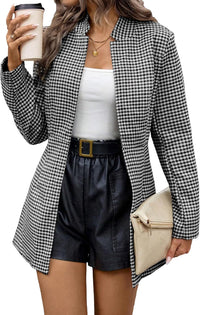 Mina Self 2025 Women’s Spring Long Plaid Blazer Jacket Houndstooth Notch - Collar Open Front Fashion Casual Suit with Pockets - 7DAY'S