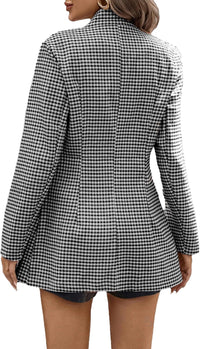 Mina Self 2025 Women’s Spring Long Plaid Blazer Jacket Houndstooth Notch - Collar Open Front Fashion Casual Suit with Pockets - 7DAY'S