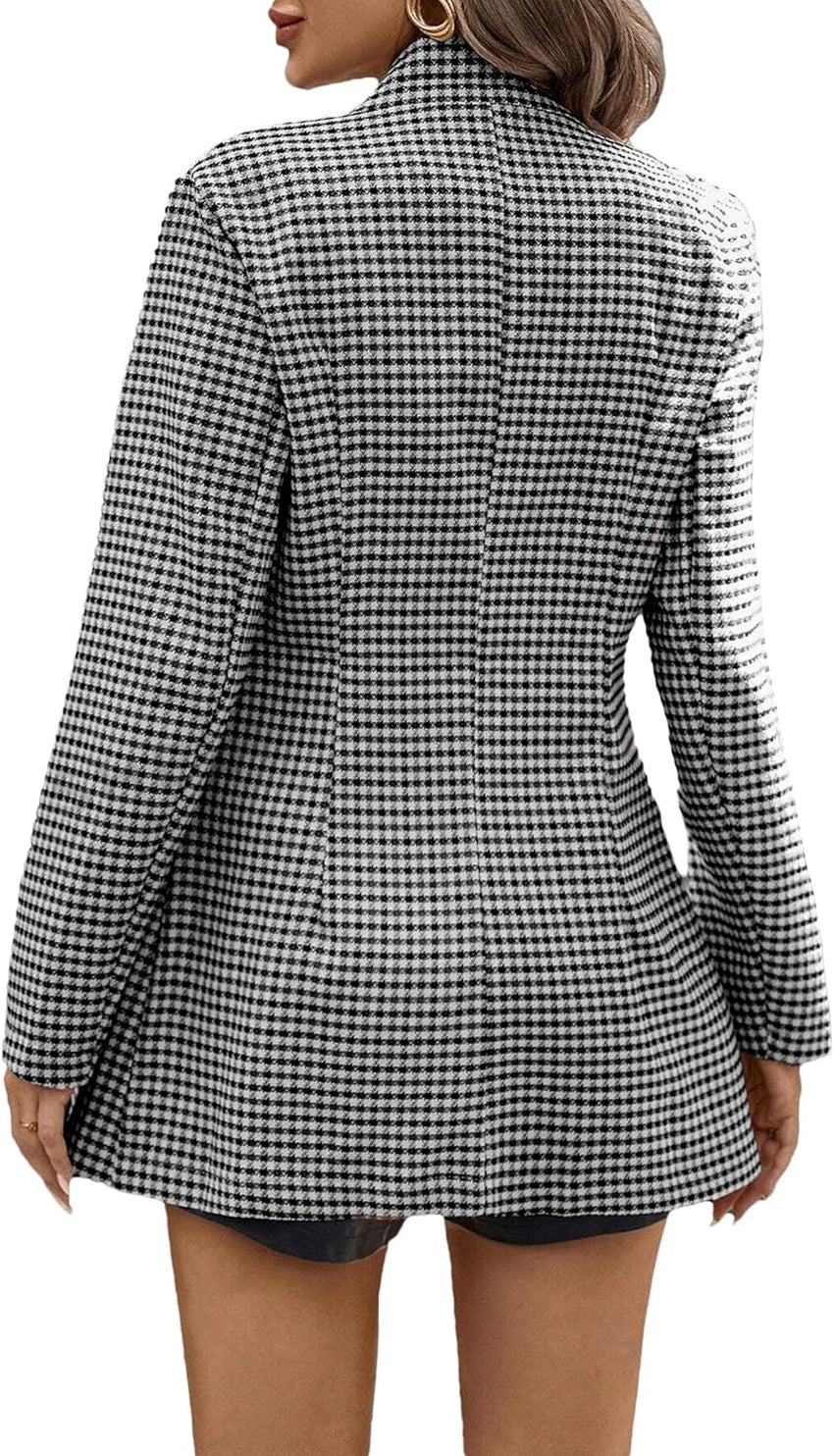 Mina Self 2025 Women’s Spring Long Plaid Blazer Jacket Houndstooth Notch - Collar Open Front Fashion Casual Suit with Pockets - 7DAY'S