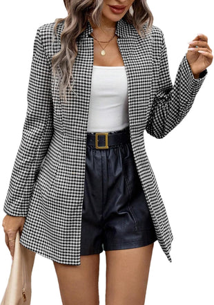 Mina Self 2025 Women’s Spring Long Plaid Blazer Jacket Houndstooth Notch - Collar Open Front Fashion Casual Suit with Pockets - 7DAY'S