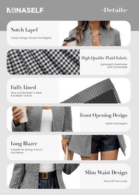 Mina Self 2025 Women’s Spring Long Plaid Blazer Jacket Houndstooth Notch - Collar Open Front Fashion Casual Suit with Pockets - 7DAY'S