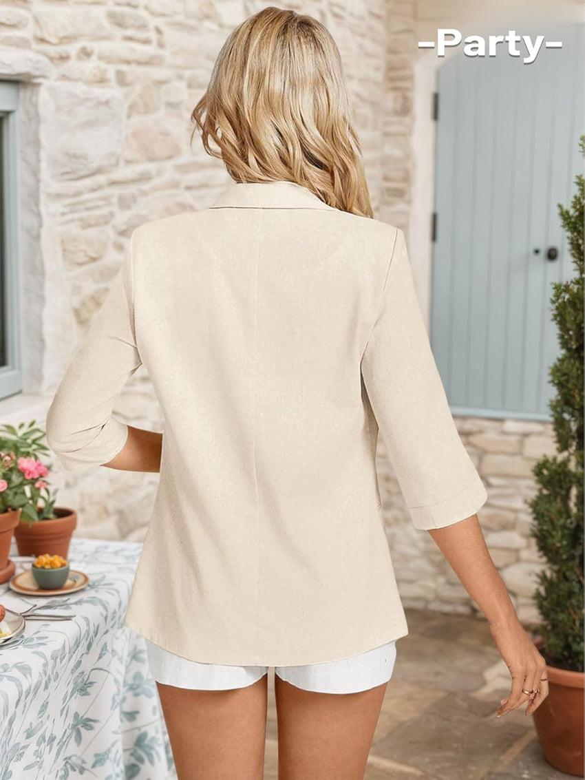 Mina Self 2025 Women's Summer Linen Blazer 3/4 Sleeve Lightweight Fully - Lined Slim Elegant Casual Work Jacket with Pockets - 7DAY'S