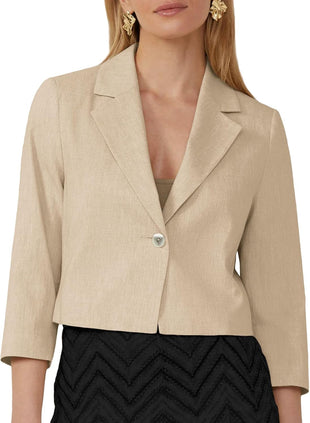 Mina Self 2025 Women's Summer Linen Blazer Cropped 3/4 Sleeve Lightweight Fully-Lined Trendy Casual Work Office Suit Jackets
