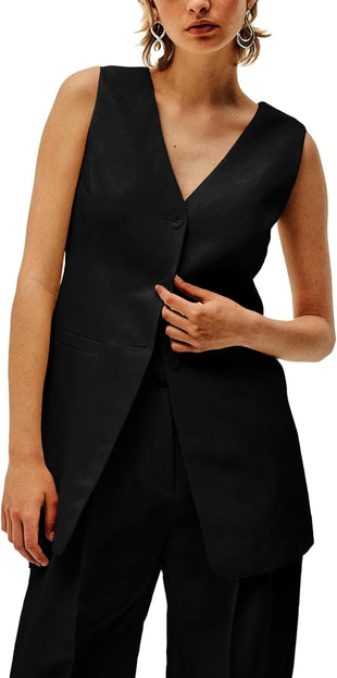 Mina Self 2025 Women's Summer Linen Vest Blazer Long Y2K Lightweight Fully - Lined V - Neck Fashion Casual Jackets Tops Pockets - 7DAY'S