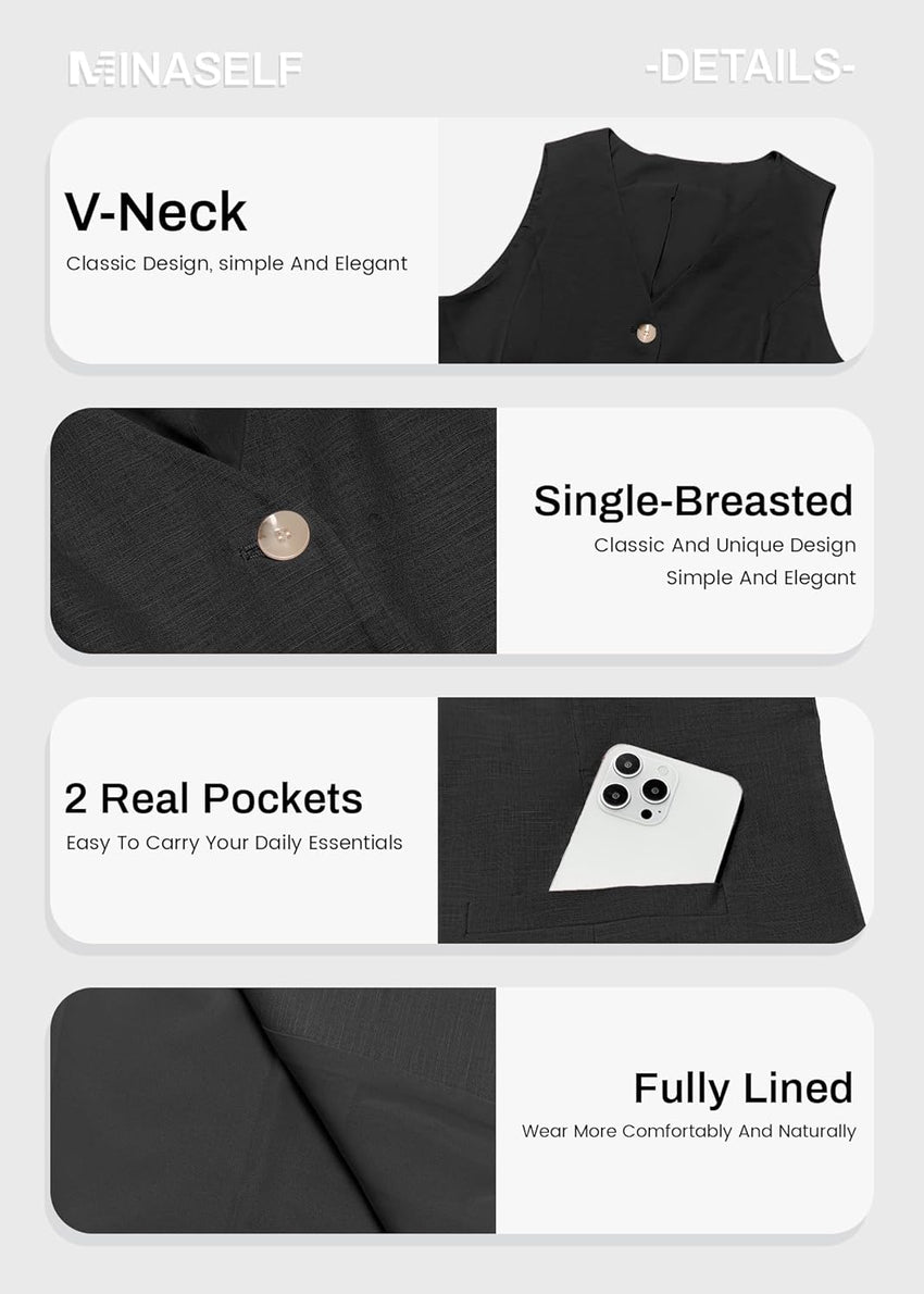 Mina Self 2025 Women's Summer Linen Vest Blazer Long Y2K Lightweight Fully - Lined V - Neck Fashion Casual Jackets Tops Pockets - 7DAY'S