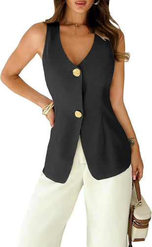 Mina Self 2025 Womens Summer Sleeveless Vest Tops Breasted V Neck Casual Work Slim Outwear Suit Jacket.