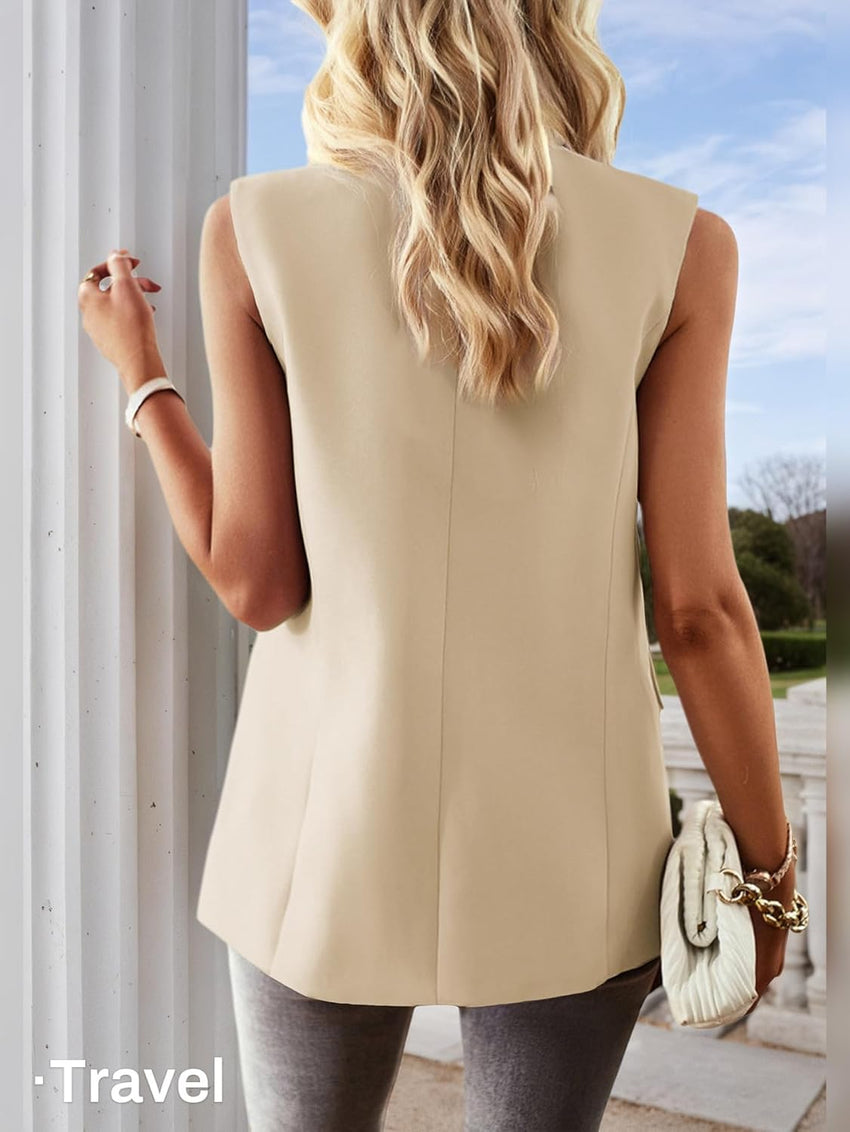 Mina Self 2025 Women's Summer Sleeveless Vest Tops - Lightweight Casual Double - Breasted Loose Work Office Blazer With Pockets - 7DAY'S