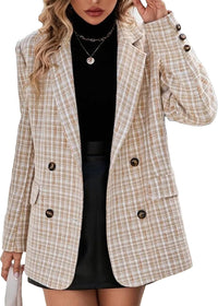 Mina Self Plaid Tweed Blazer Jacket for Women 2024 Fashion Elegant Open Front Casual Work Office Pocket Suit Coat(S - XXL) - 7DAY'S