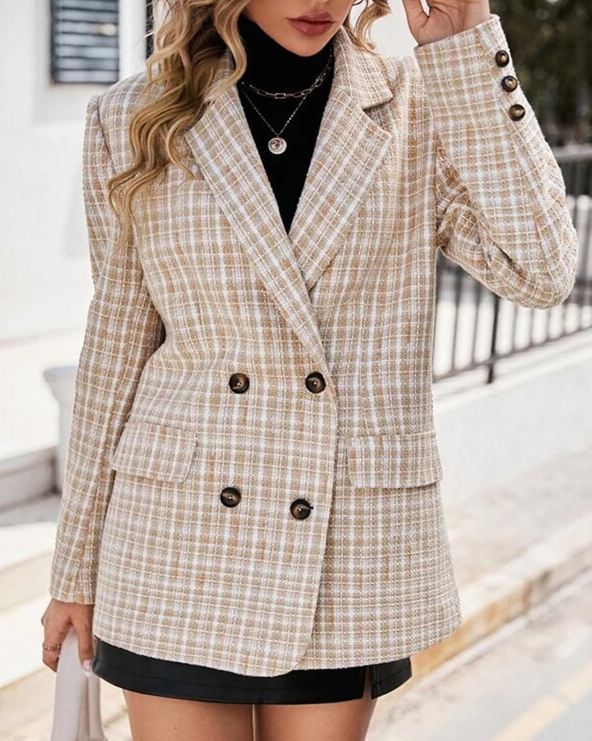Mina Self Plaid Tweed Blazer Jacket for Women 2024 Fashion Elegant Open Front Casual Work Office Pocket Suit Coat(S - XXL) - 7DAY'S