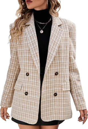 Mina Self Plaid Tweed Blazer Jacket for Women 2024 Fashion Elegant Open Front Casual Work Office Pocket Suit Coat(S - XXL) - 7DAY'S