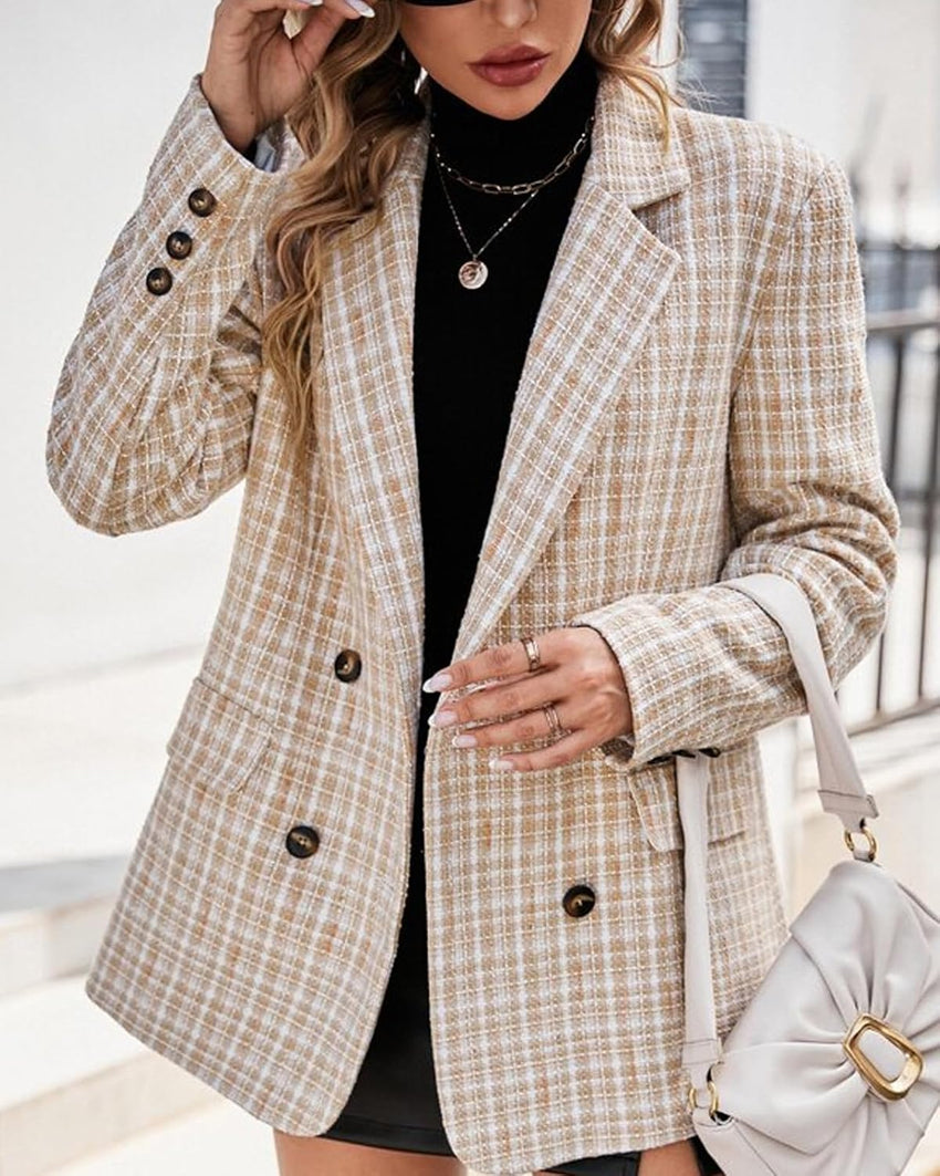 Mina Self Plaid Tweed Blazer Jacket for Women 2024 Fashion Elegant Open Front Casual Work Office Pocket Suit Coat(S - XXL) - 7DAY'S