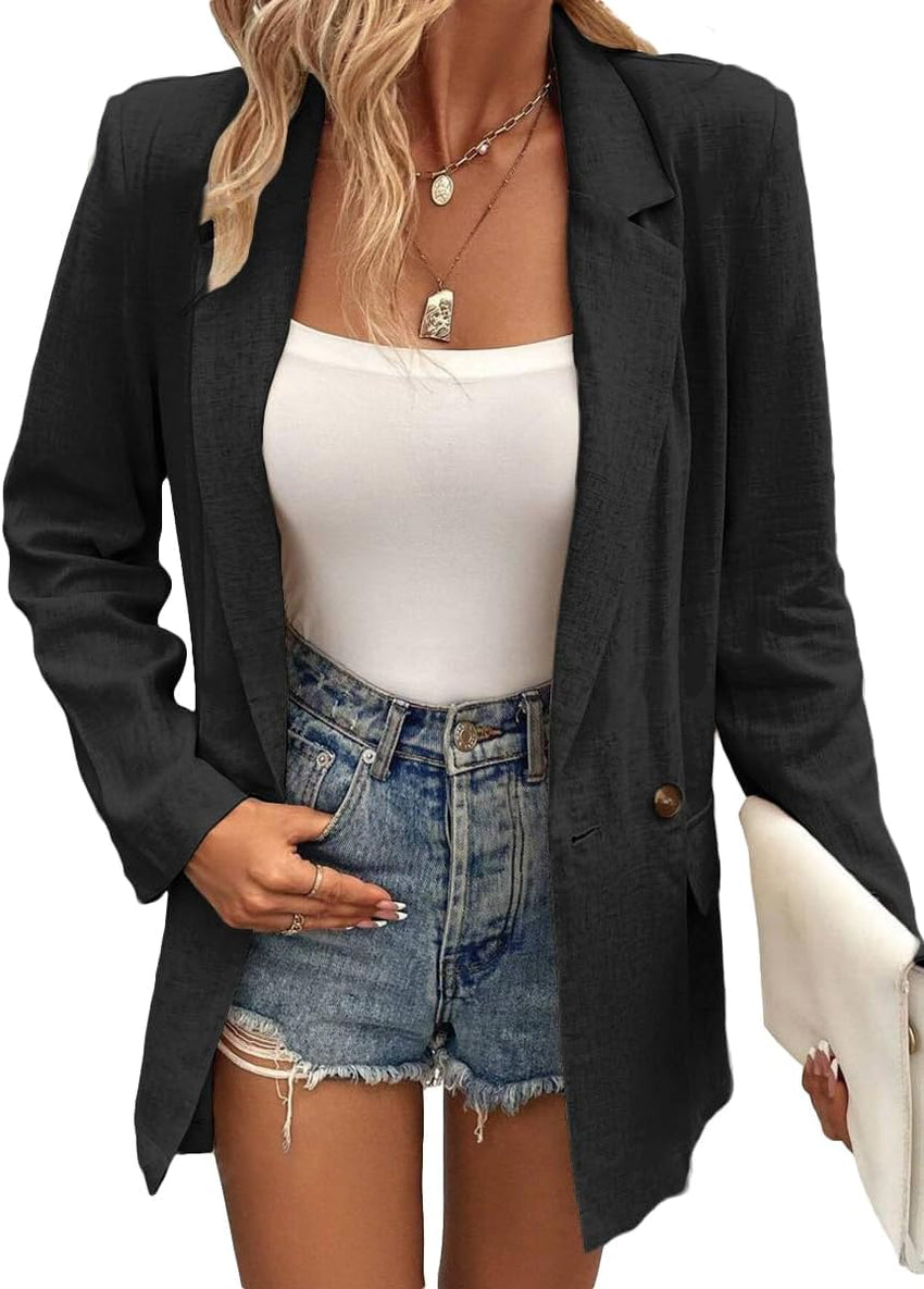 Mina Self Summer Black Linen Jackets Blazer for Women Lightweight 2024 Spring Long Sleeves Business Casual Dressy Office Light Women's Clothes Blazers Suit Jacket, Daily/Work, Black XX - Large Size - 7DAY'S