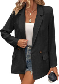 Mina Self Summer Black Linen Jackets Blazer for Women Lightweight 2024 Spring Long Sleeves Business Casual Dressy Office Light Women's Clothes Blazers Suit Jacket, Daily/Work, Black XX - Large Size - 7DAY'S