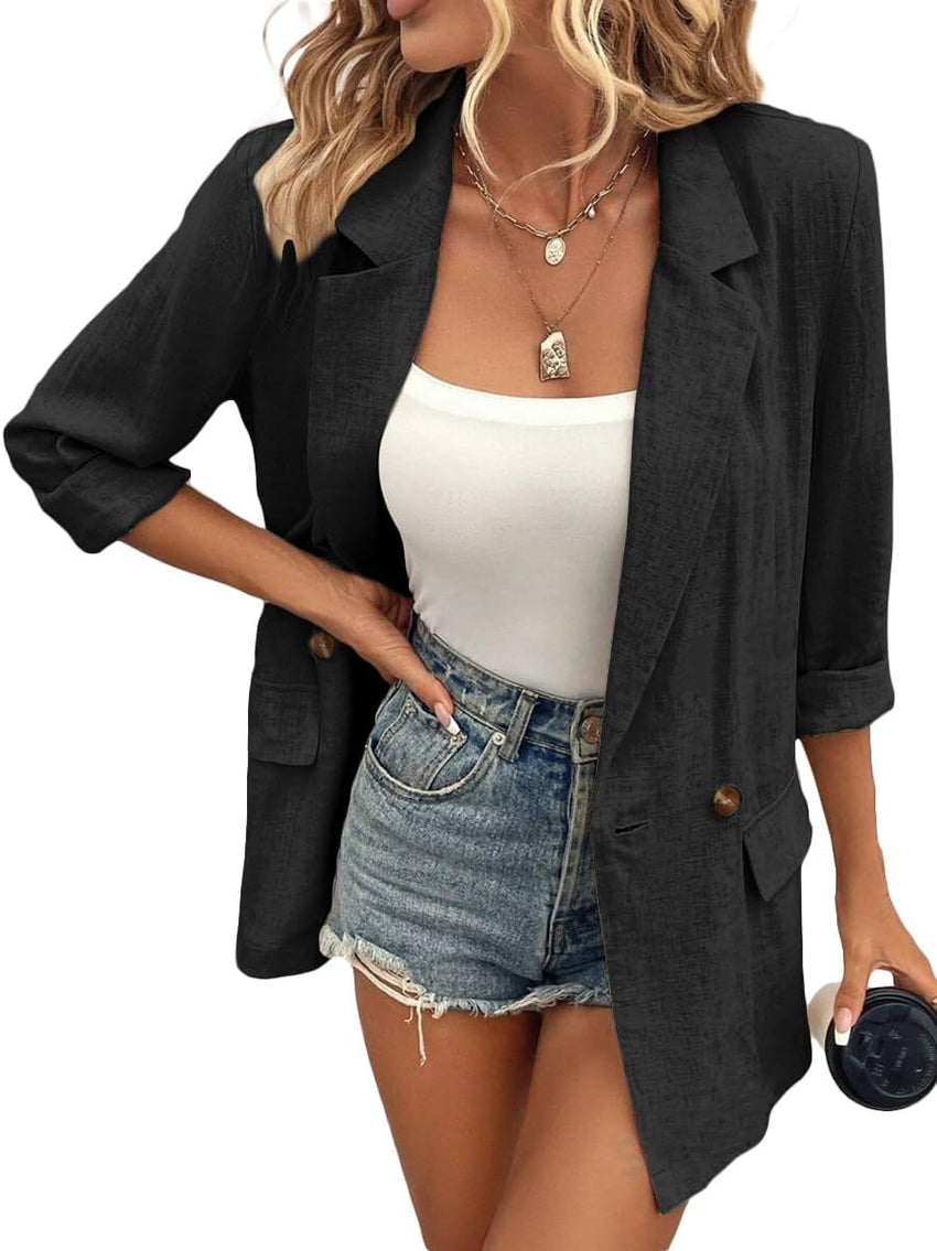 Mina Self Summer Black Linen Jackets Blazer for Women Lightweight 2024 Spring Long Sleeves Business Casual Dressy Office Light Women's Clothes Blazers Suit Jacket, Daily/Work, Black XX - Large Size - 7DAY'S