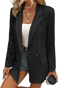 Mina Self Summer Black Linen Jackets Blazer for Women Lightweight 2024 Spring Long Sleeves Business Casual Dressy Office Light Women's Clothes Blazers Suit Jacket, Daily/Work, Black XX - Large Size - 7DAY'S
