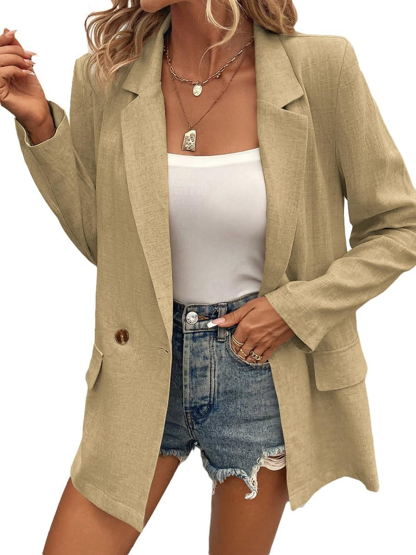 Mina Self Summer Womens Linen Blazers Jackets Lightweight 2024 Spring Long Sleeves Business Casual Dressy Office Light Clothes Blazers Suit Jacket for Women, Daily/Work, Khaki Large Size - 7DAY'S