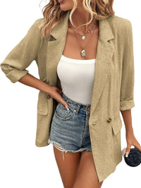 Mina Self Summer Womens Linen Blazers Jackets Lightweight 2024 Spring Long Sleeves Business Casual Dressy Office Light Clothes Blazers Suit Jacket for Women, Daily/Work, Khaki XX - Large Size - 7DAY'S