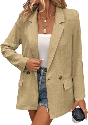 Mina Self Summer Womens Linen Blazers Jackets Lightweight 2024 Spring Long Sleeves Business Casual Dressy Office Light Clothes Blazers Suit Jacket for Women, Daily/Work, Khaki XX-Large Size