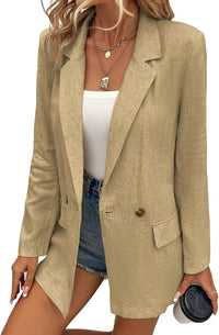 Mina Self Summer Womens Linen Blazers Jackets Lightweight 2024 Spring Long Sleeves Business Casual Dressy Office Light Clothes Blazers Suit Jacket for Women, Daily/Work, Khaki X - Large Size - 7DAY'S