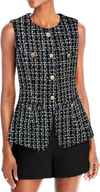 Mina Self Women's 2025 Fall Tweed Plaid Vest Tops - Fully - Lined Sleeveless Trendy Work Casual Long Outerwear with Pockets - 7DAY'S