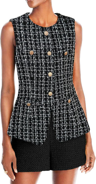 Mina Self Women's 2025 Fall Tweed Plaid Vest Tops - Fully-Lined Sleeveless Trendy Work Casual Long Outerwear with Pockets