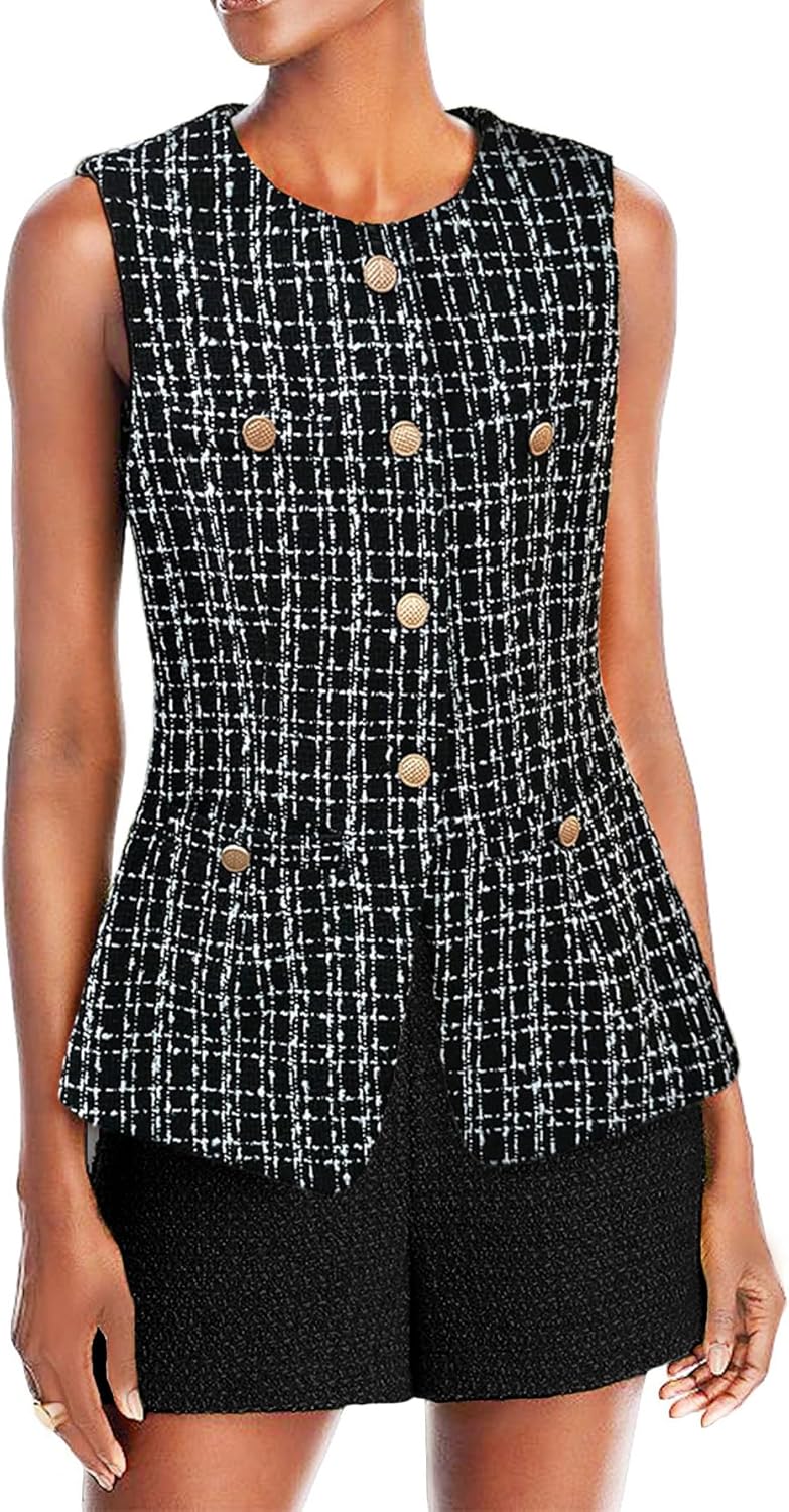Mina Self Women's 2025 Fall Tweed Plaid Vest Tops - Fully - Lined Sleeveless Trendy Work Casual Long Outerwear with Pockets - 7DAY'S
