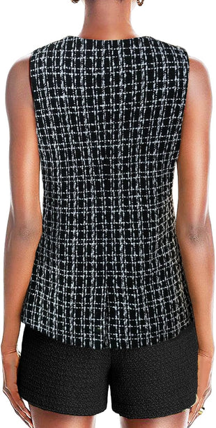 Mina Self Women's 2025 Fall Tweed Plaid Vest Tops - Fully - Lined Sleeveless Trendy Work Casual Long Outerwear with Pockets - 7DAY'S