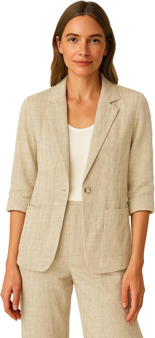 Mina Self Women's 3/4 Sleeve Linen Blazer 2025 Summer Lightweight Fully - Lined Lapel Button Casual Work Jacket Pockets - 7DAY'S