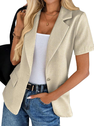 Mina Self Women's Short Sleeve Blazer - 2025 Summer Full - Lined One Button Lightweight Casual Work Office Suit Jacket Pockets - 7DAY'S